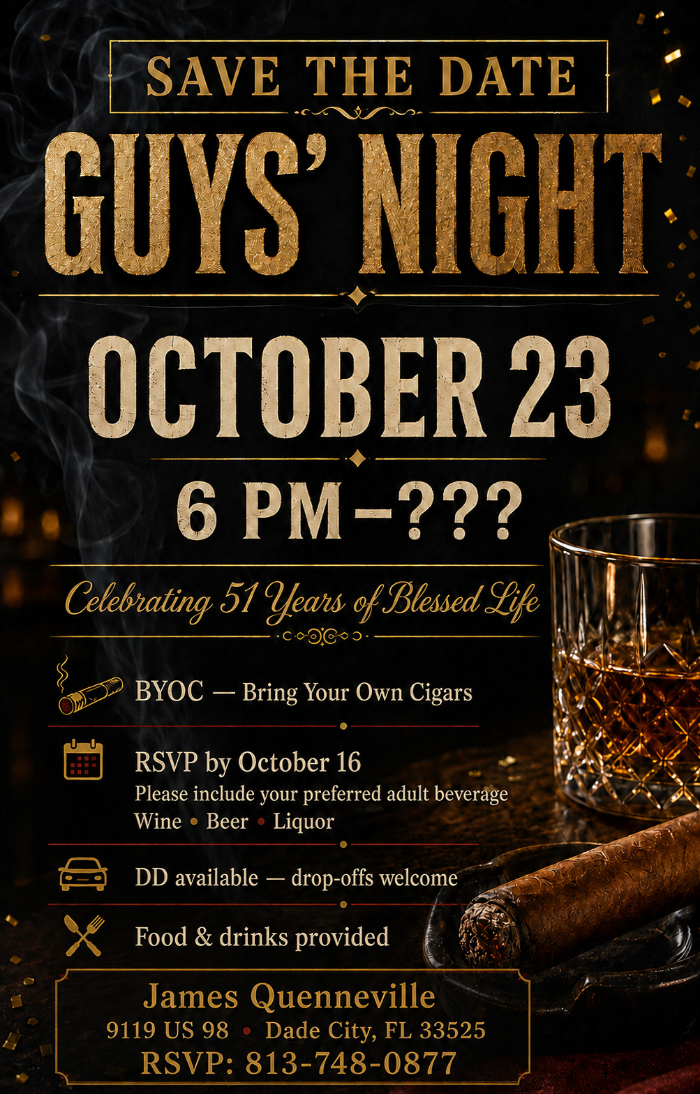 Guys’ Night invitation for October 23 at 6 PM